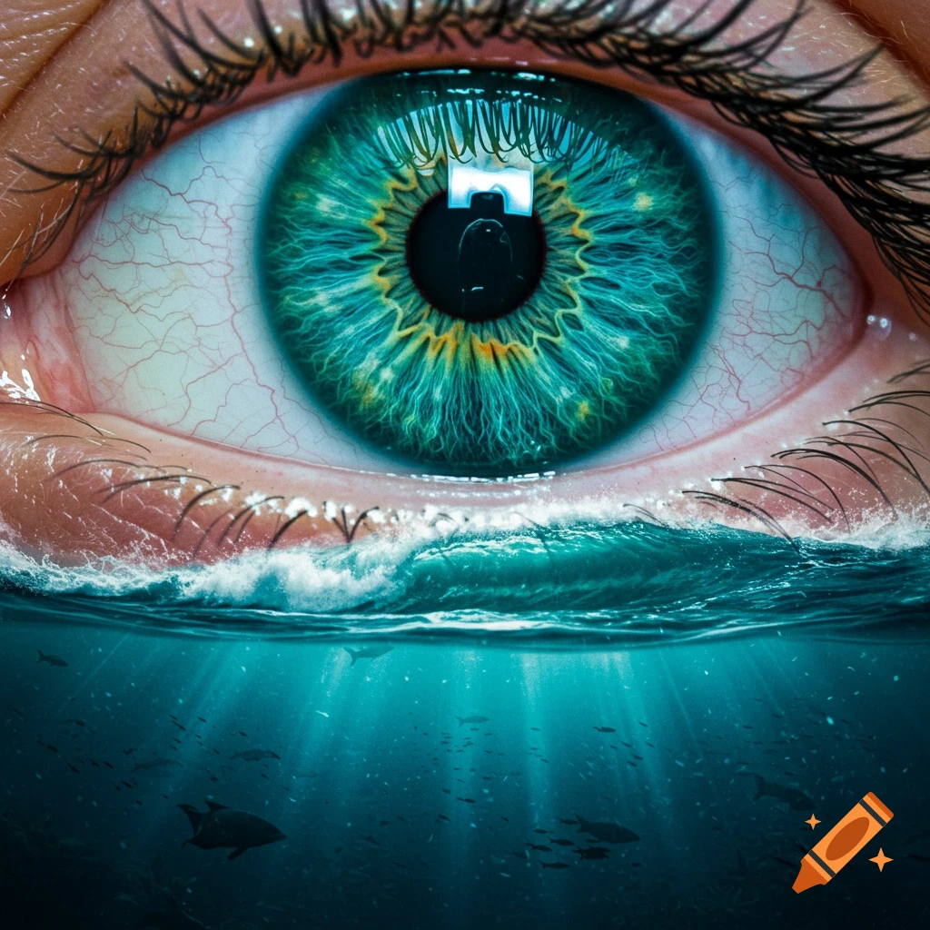 Close-up surreal image of a human eye with a teal iris, with an ocean featuring waves and underwater life flowing below as if crying.
