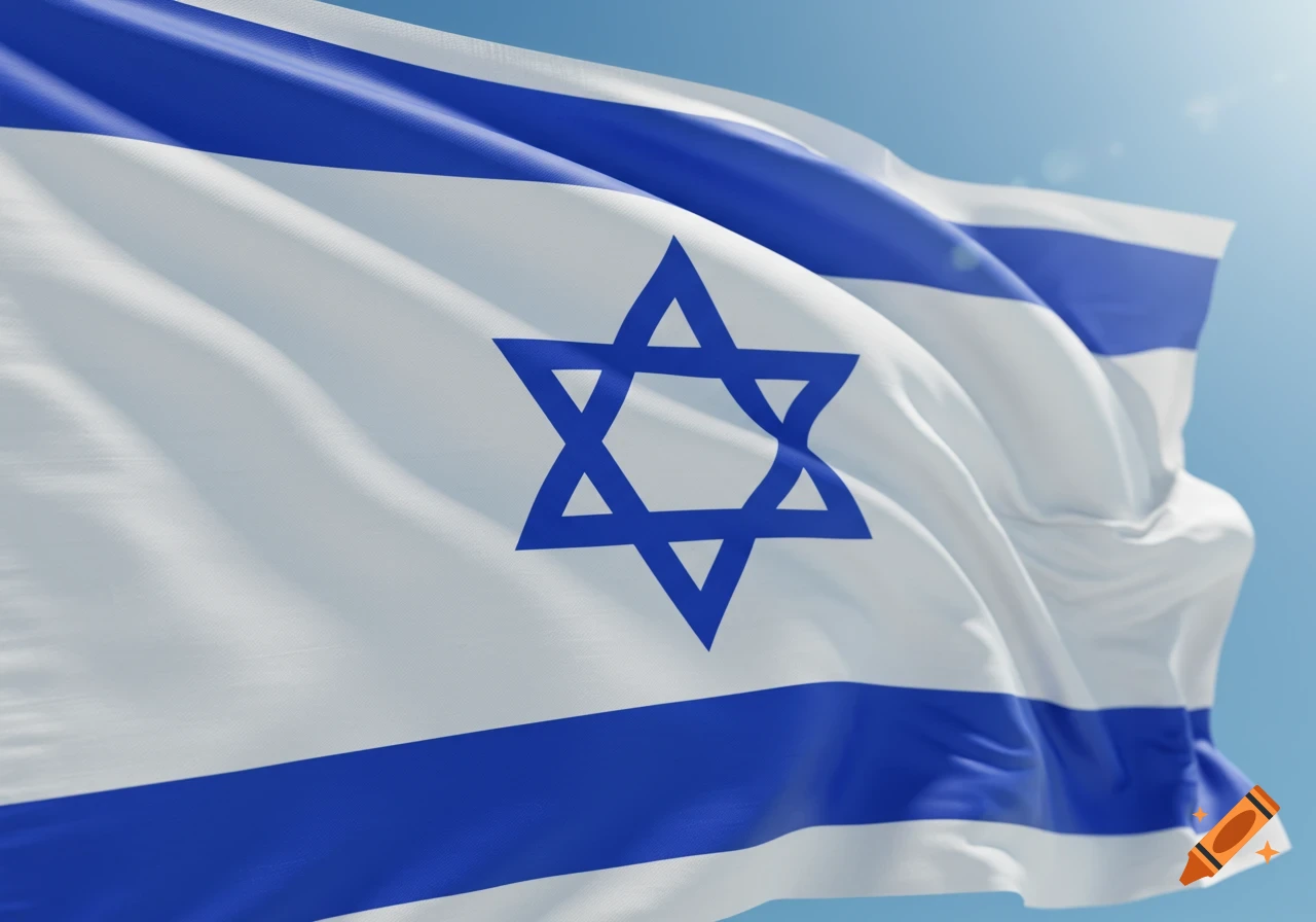 The flag of Israel, featuring a blue Star of David and two blue stripes on a white background, waves against a clear sky.