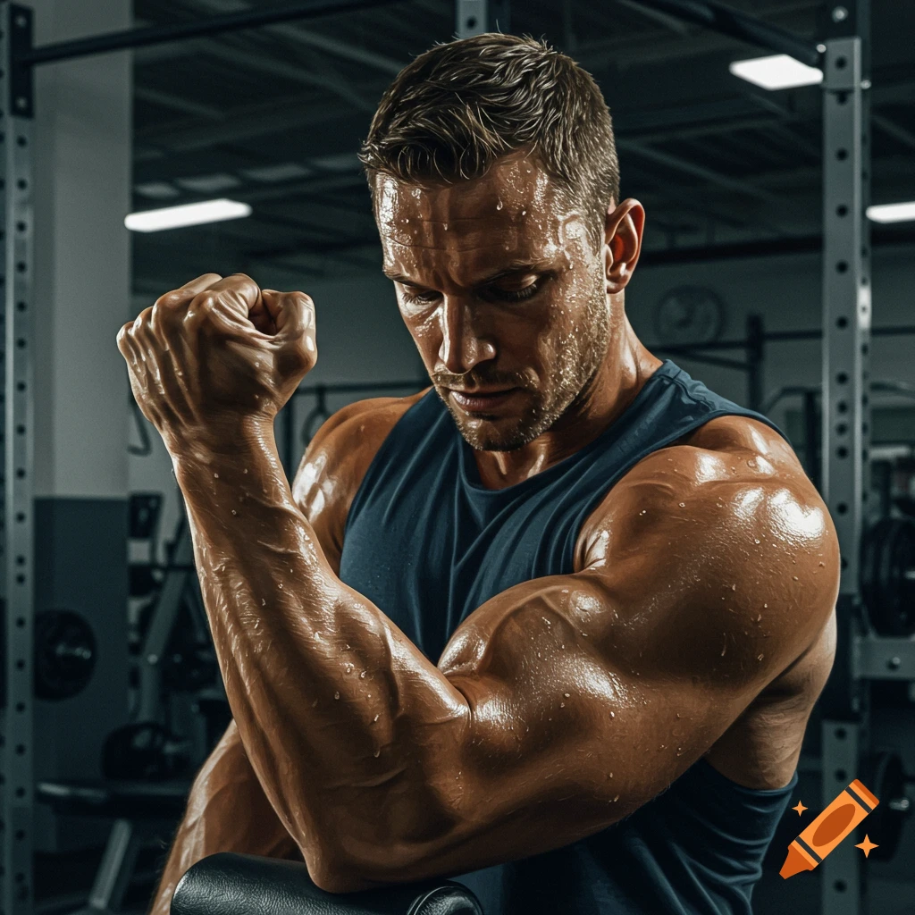 A sweaty, muscular man in a tank top flexing his bicep in a gym, looking down in concentration.