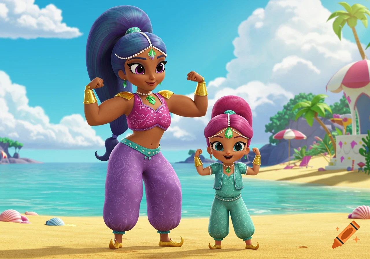3D cartoon of Shimmer's mom and her daughter flexing their muscles on a sunny beach.