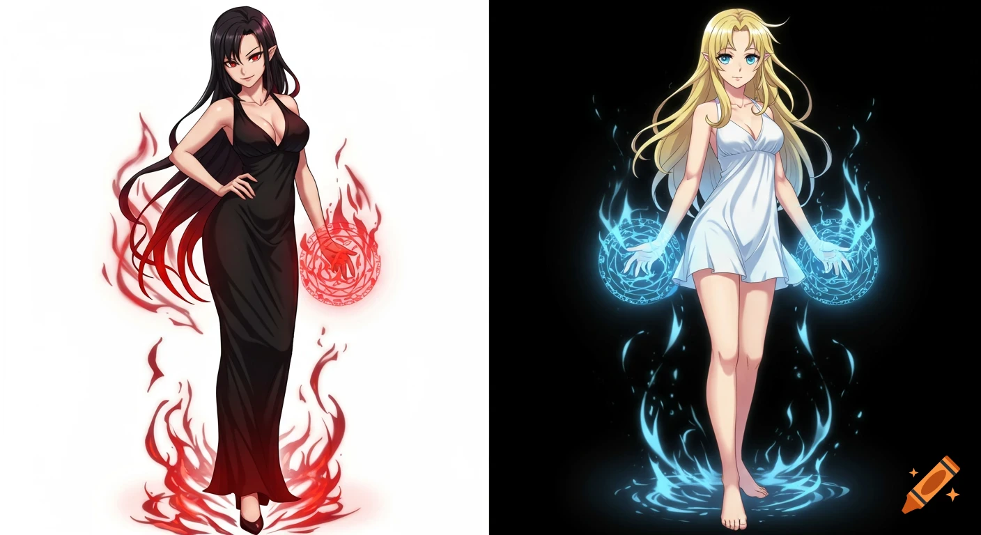 An anime image showing two women. On the left, a dark-haired woman in a black dress with red magic. On the right, a blonde woman in a white dress with blue magic.