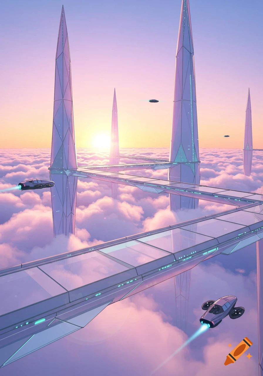 A dreamy futuristic city above clouds with tall spires, glass bridges, and flying cars at sunset.