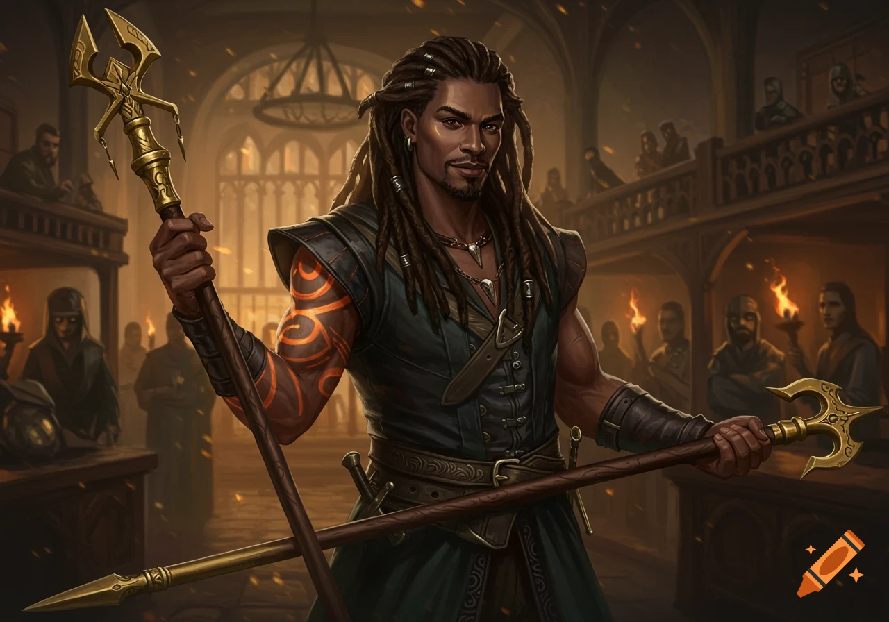 A charismatic man with dreadlocks and a flame tattoo on his arm stands in a medieval hall, holding two ornate golden staffs. Detailed fantasy illustration.