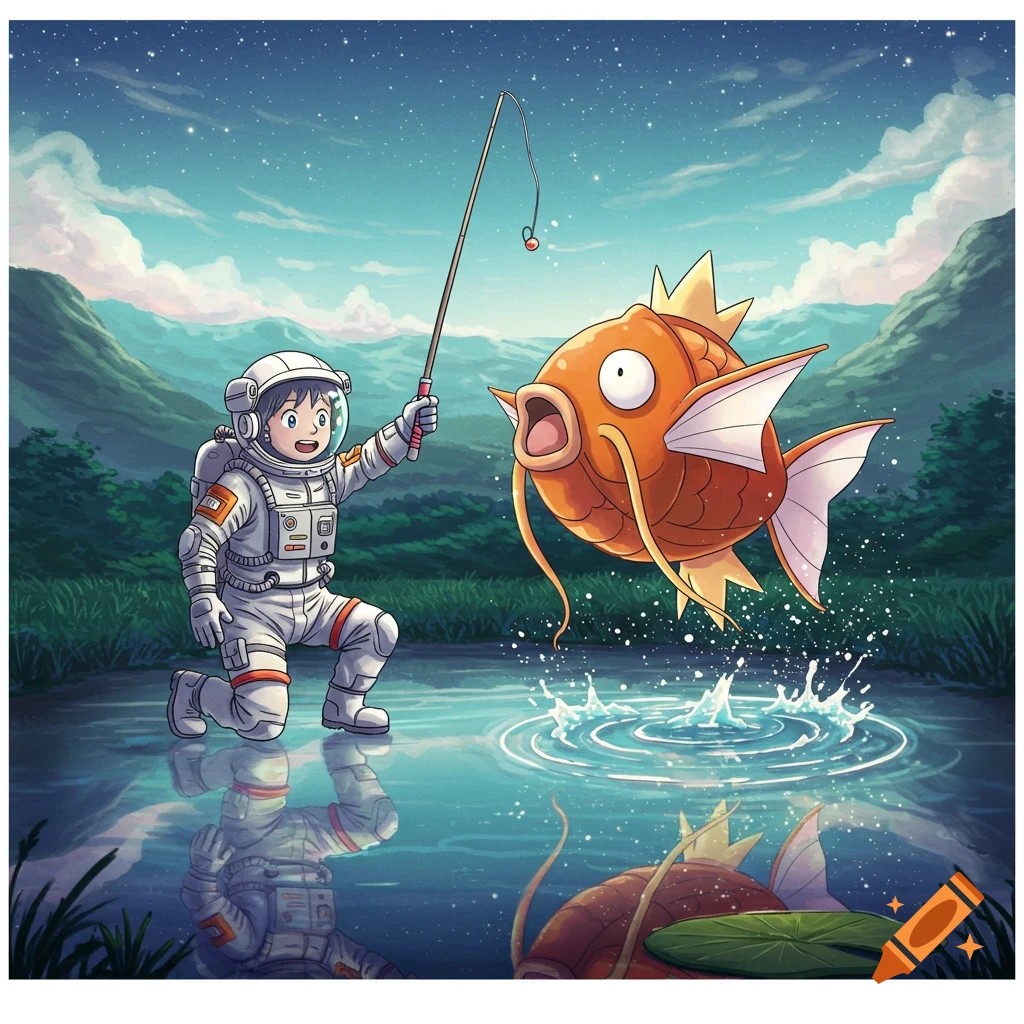 A cartoon astronaut catches a large orange Magikarp in a starry, mountainous landscape with water.