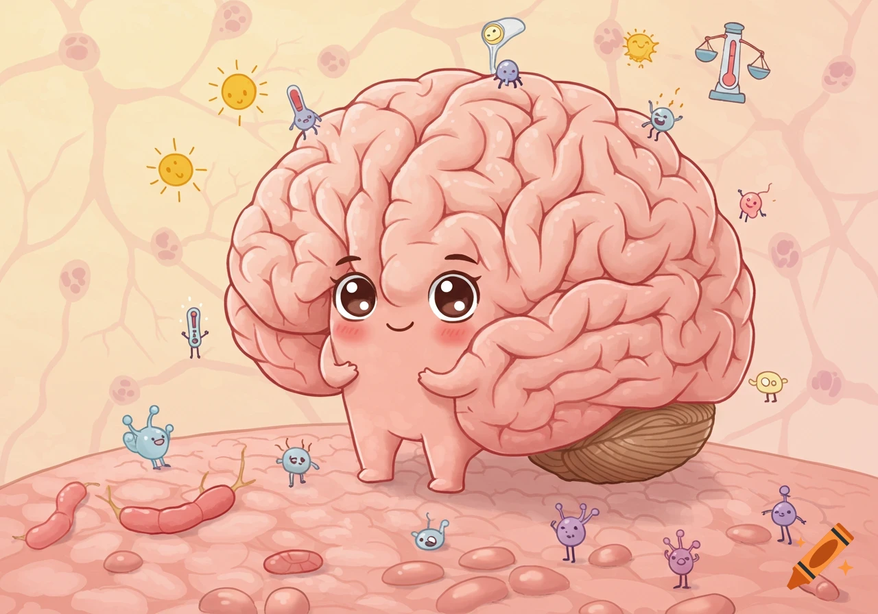A cute, cartoon brain with a smiling face surrounded by tiny cartoon microbes, suns, and thermometers on a pink organic surface.