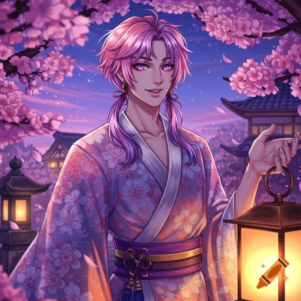 An anime character with pink hair and purple eyes wears a floral kimono, holding a lantern under cherry blossoms at dusk.