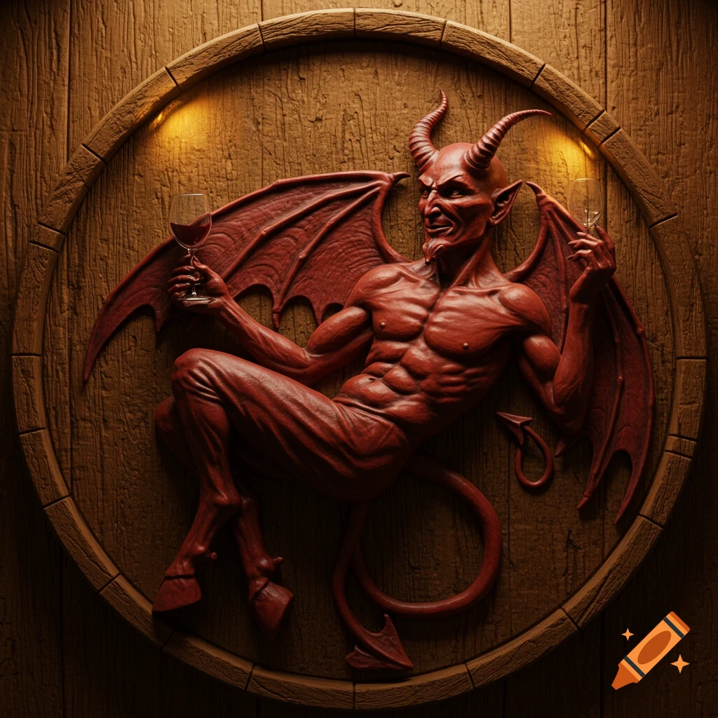A red devil half-relief with horns, wings, and a goat hoof reclines on a wooden barrel lid, holding a glass of wine.