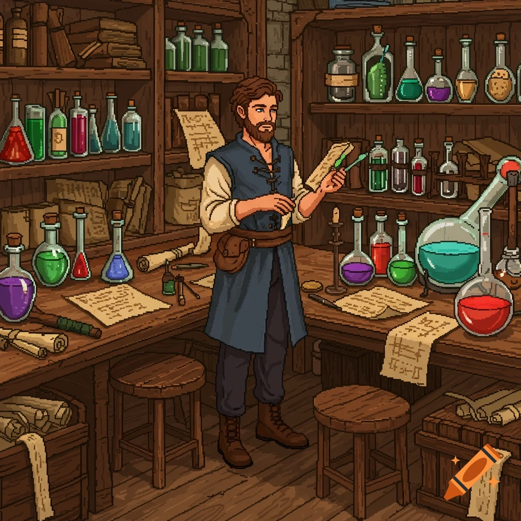 A bearded alchemist in a pixel art style lab filled with shelves of colorful potions, beakers, and scattered parchments.