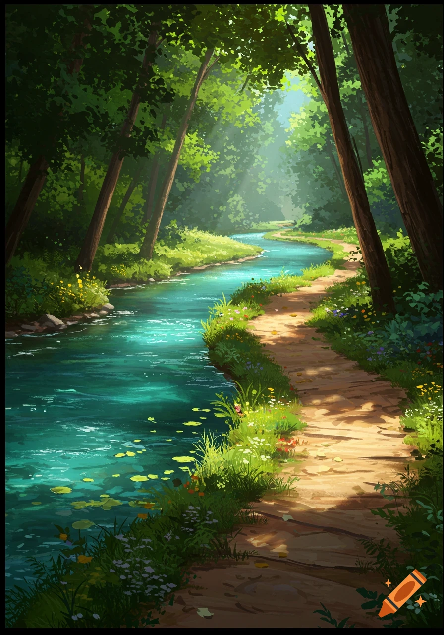 A vibrant digital art illustration of a winding river next to a sun-dappled path through a lush green forest.