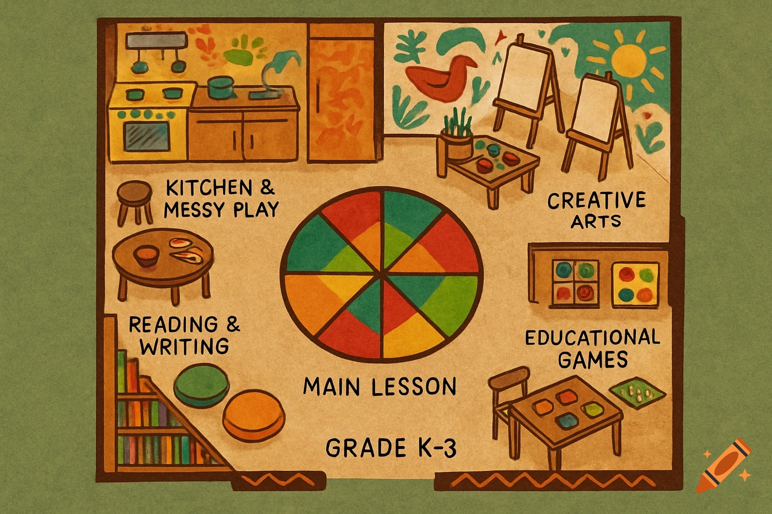 A hand-drawn floorplan of a K-3 classroom with areas for kitchen & messy play, reading & writing, creative arts, educational games, and a main lesson circle.