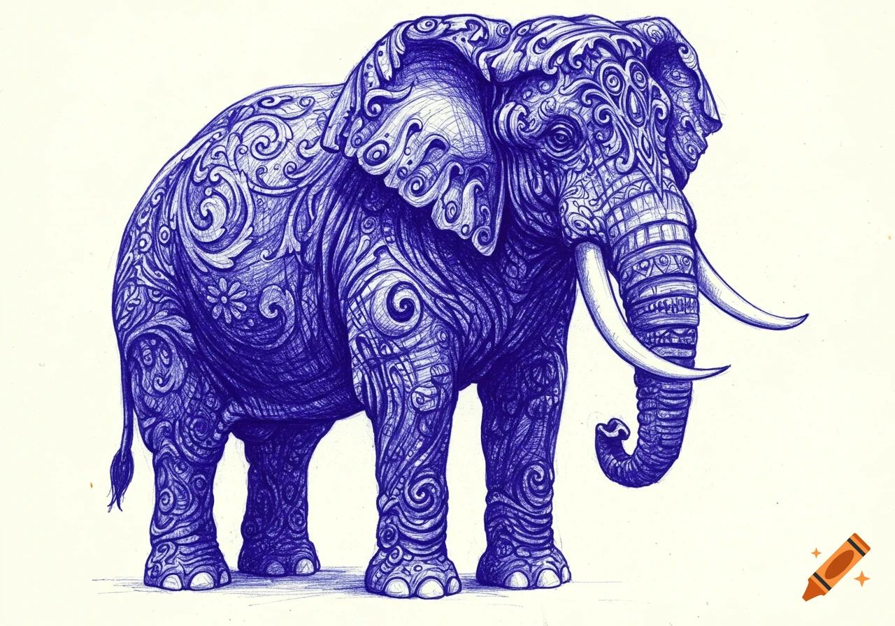 A highly detailed blue ballpoint pen drawing of an ornate elephant covered in intricate swirling patterns and mandalas.