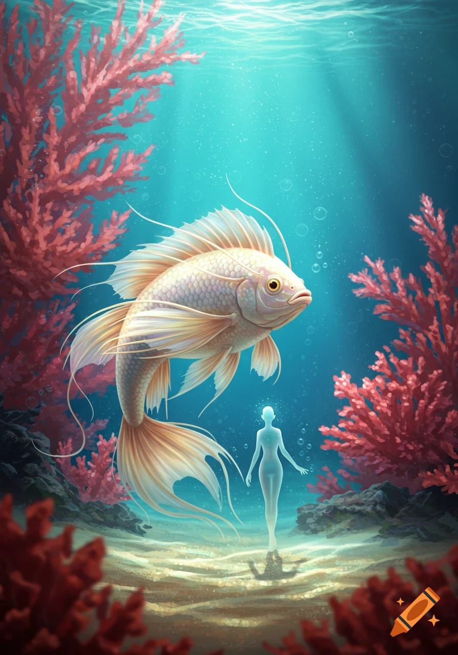Large white and gold fish swimming above a translucent humanoid figure in an ethereal underwater scene with red coral.