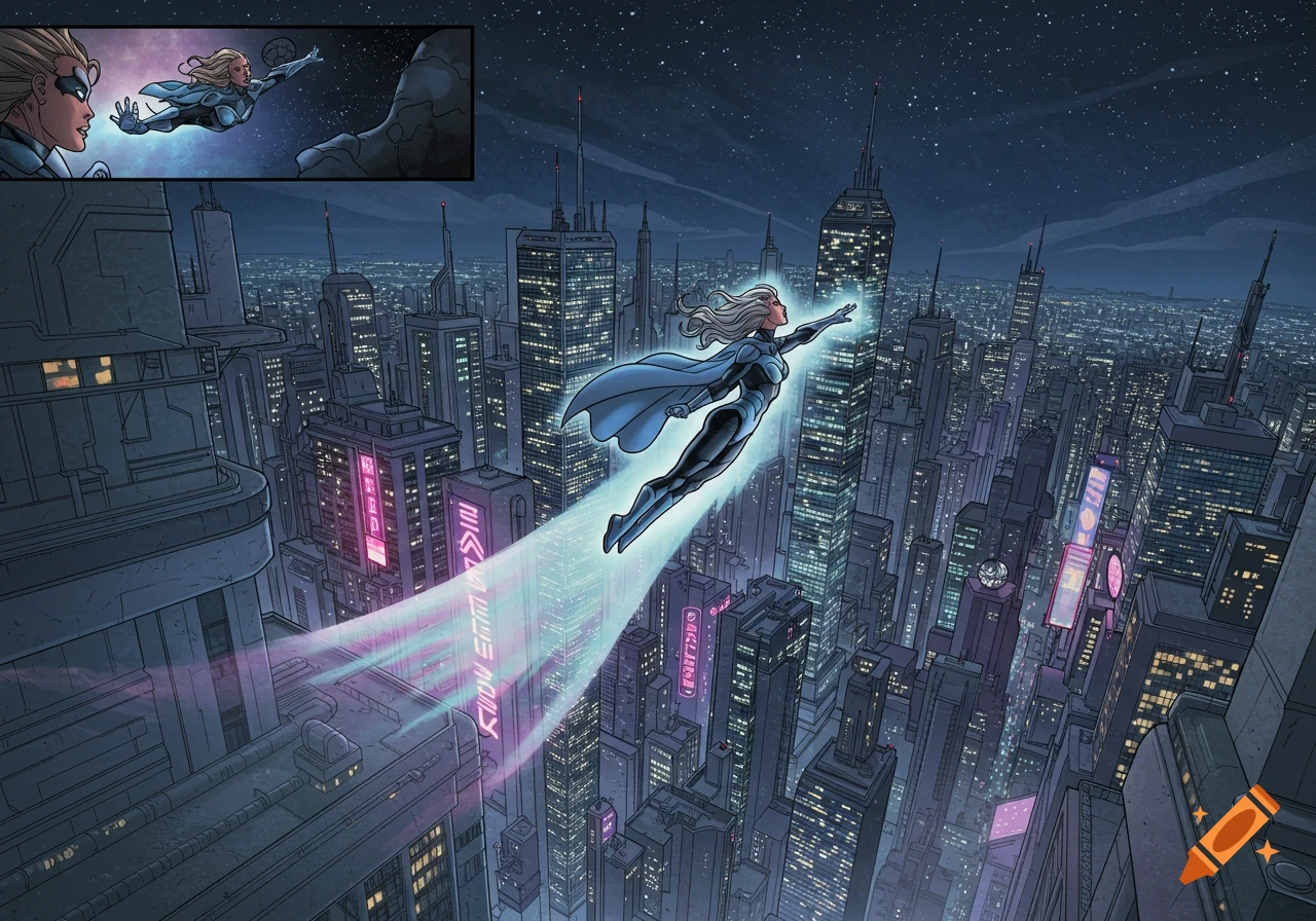 A blonde superhero in a blue and black suit with a cape flies over a futuristic city at night, leaving a glowing trail. Comic book style.