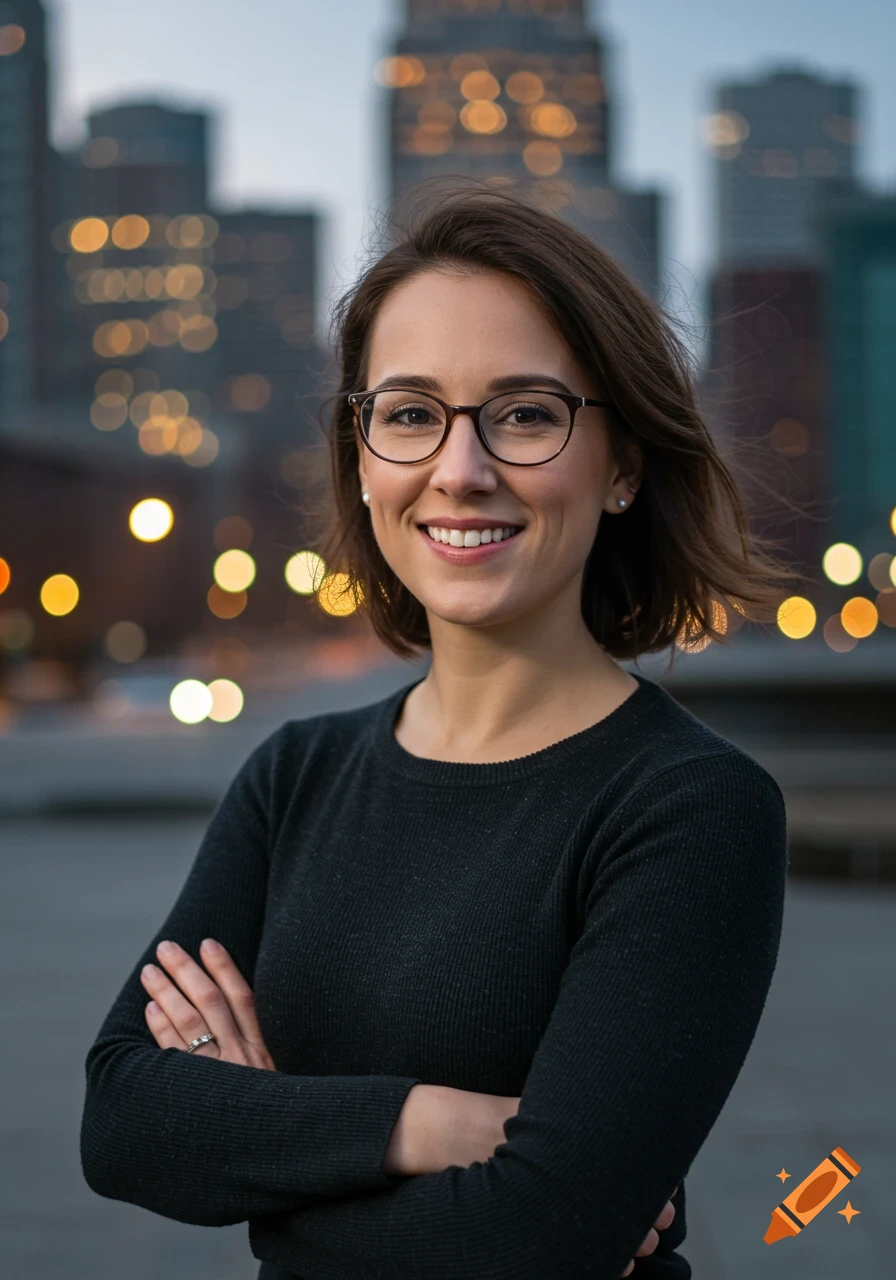 Smiling woman with glasses and crossed arms in a black top, against a blurry urban background with city lights at dusk. Photorealistic.
