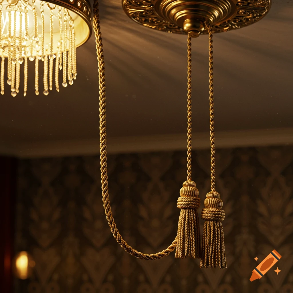 Close-up of a golden chandelier and ornate golden rope tassels hanging from an elaborately decorated ceiling.