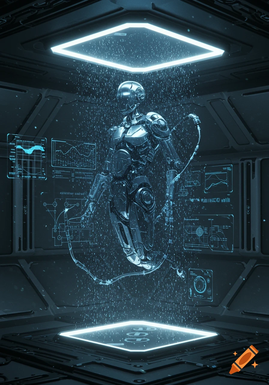 A gleaming metallic robot stands in a dark, futuristic lab, bathed in light and shimmering particles, with data screens on the walls.