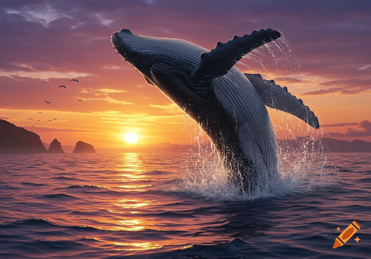 A majestic humpback whale breaches the ocean surface, splashing water, against a vibrant orange and purple sunset sky with distant mountains.