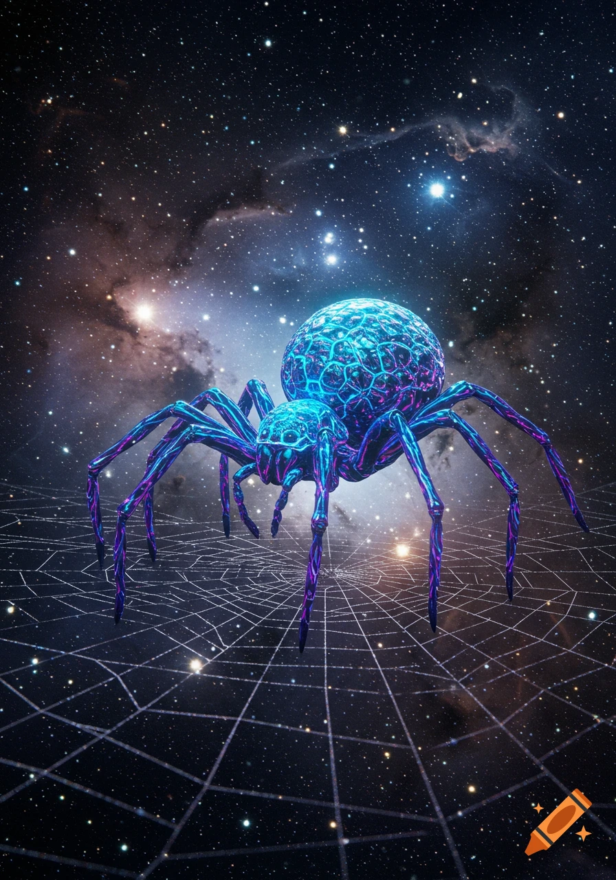 A luminous blue and purple spider with intricate patterns on a cosmic web in deep space with stars and nebulae.