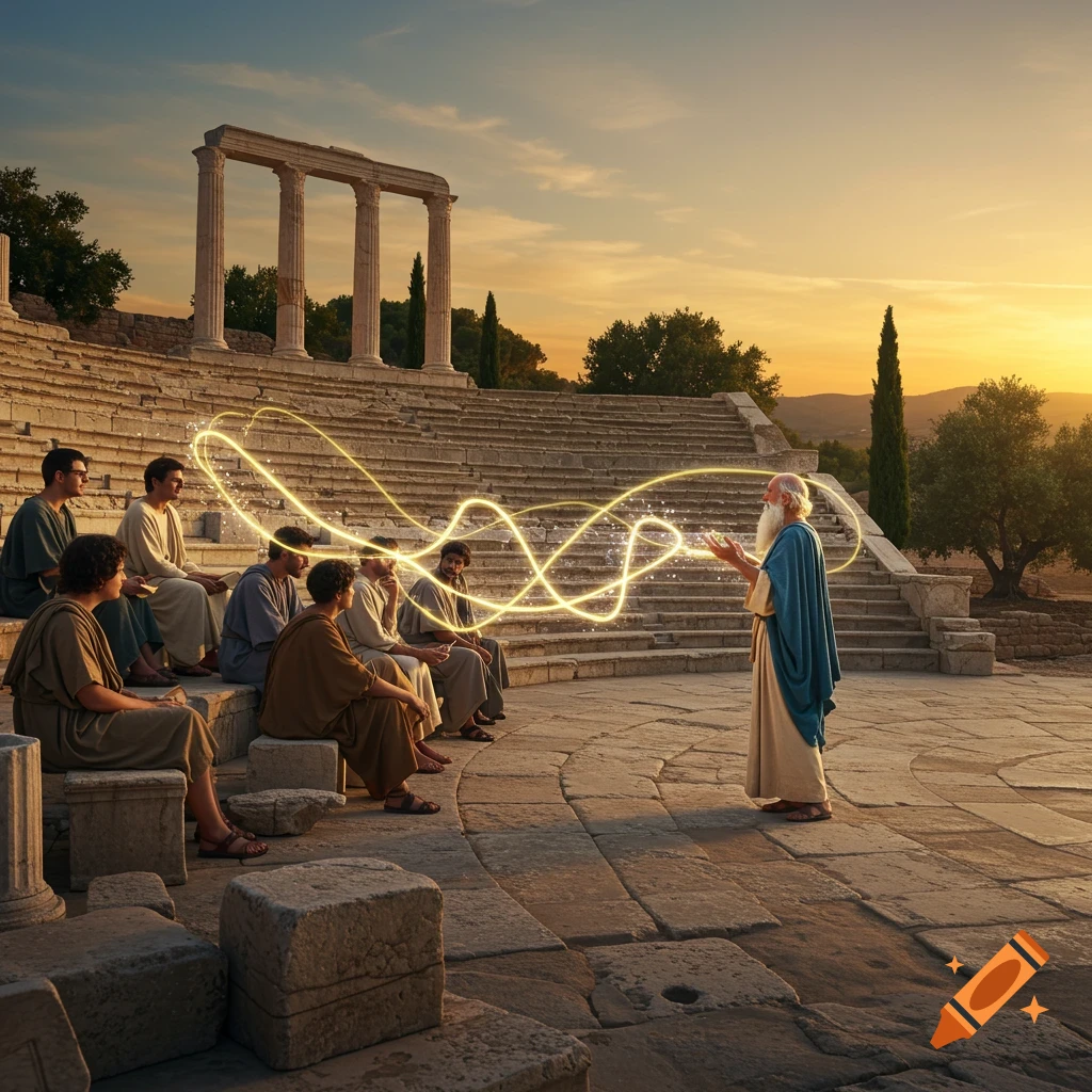 An old, bearded man in a blue robe teaches a group of men in an ancient Greek amphitheater with glowing golden lines.