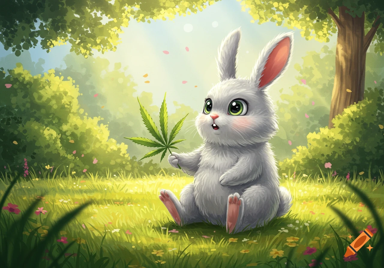 A cute, fluffy white bunny with big green eyes sits in a sunny green forest holding a cannabis leaf, in a cartoon style.
