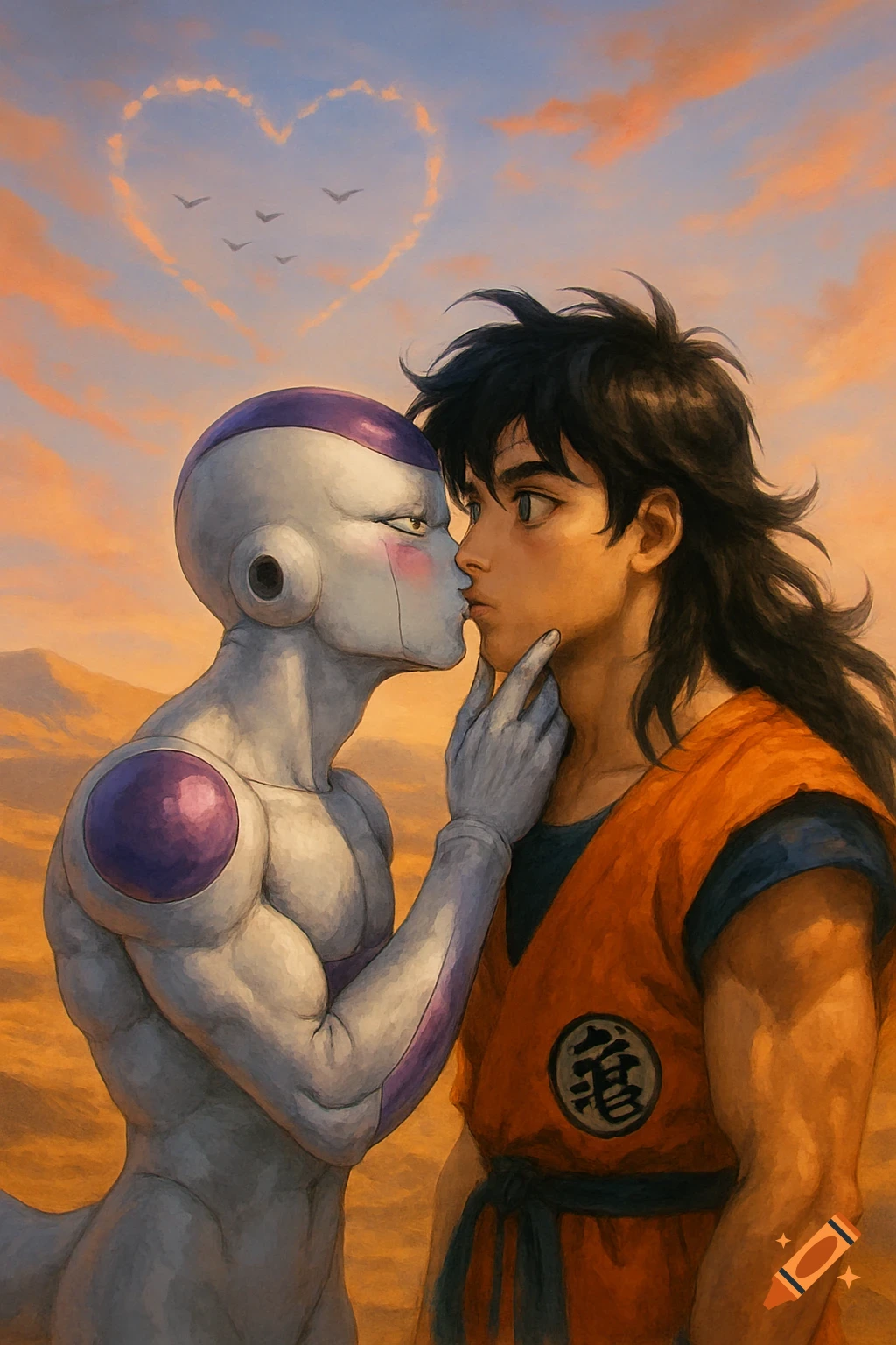Frieza kissing Yamcha with a heart-shaped cloud in the desert at sunset.