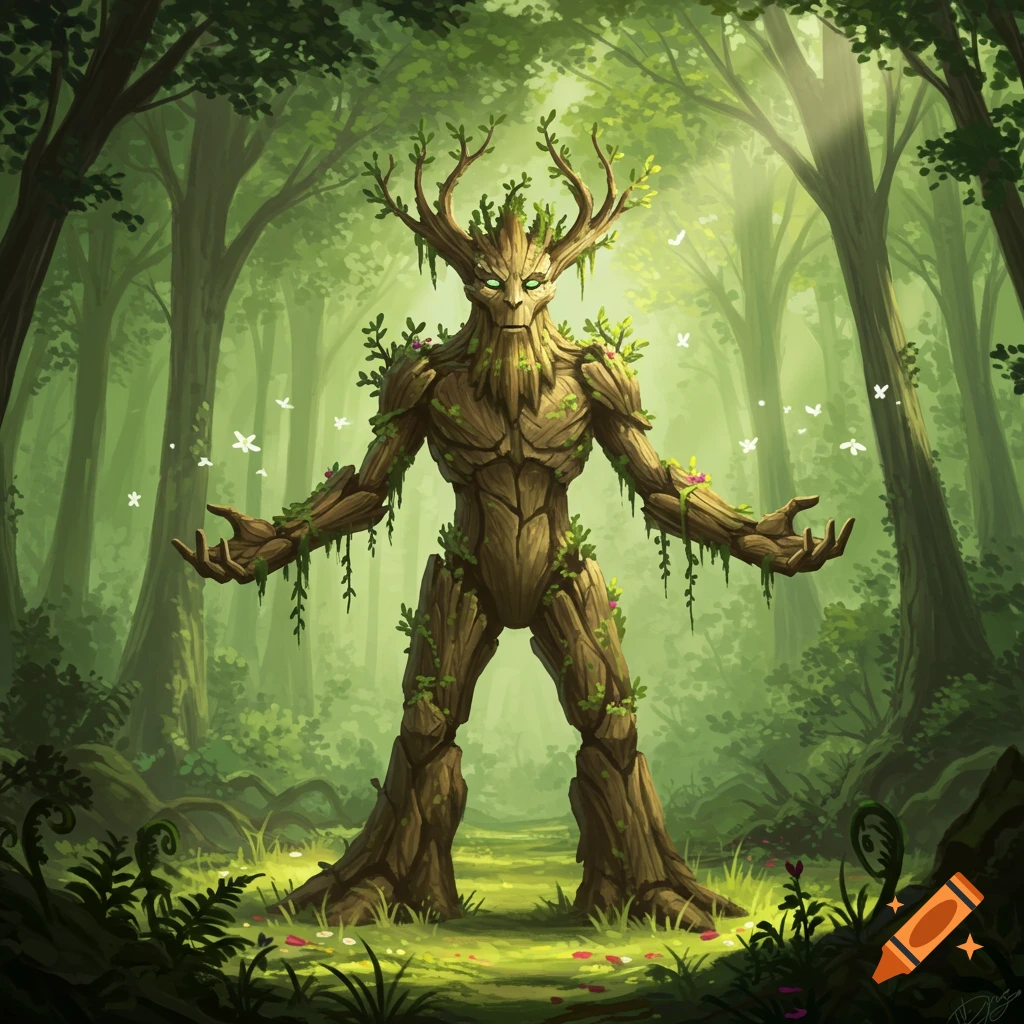 A majestic Treefolk Druid stands in a lush, sunlit fantasy forest with arms outstretched, tiny butterflies fluttering around.