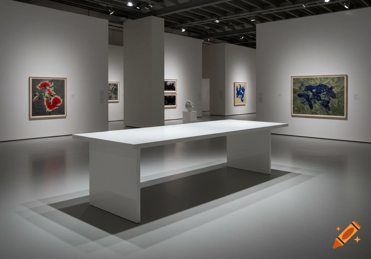 A long, minimalist white table in a modern art gallery with abstract paintings and a sculpture displayed on white walls.