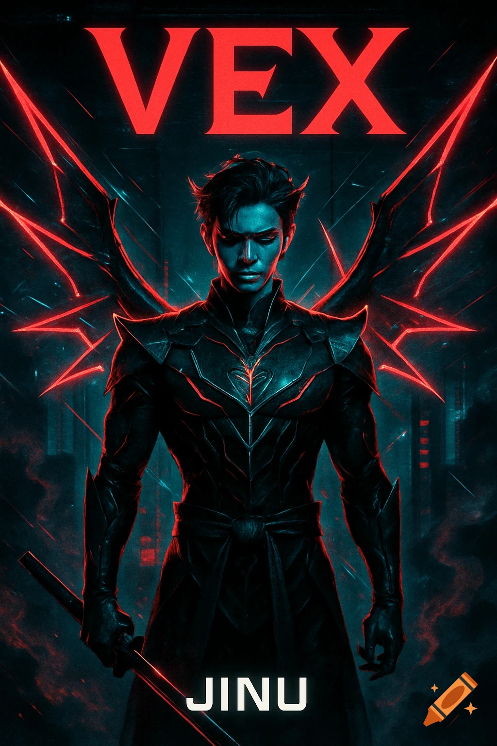 A male character in dark armored attire with red glowing accents and wing-like structures, holding a sword. Text "VEX" and "JINU".