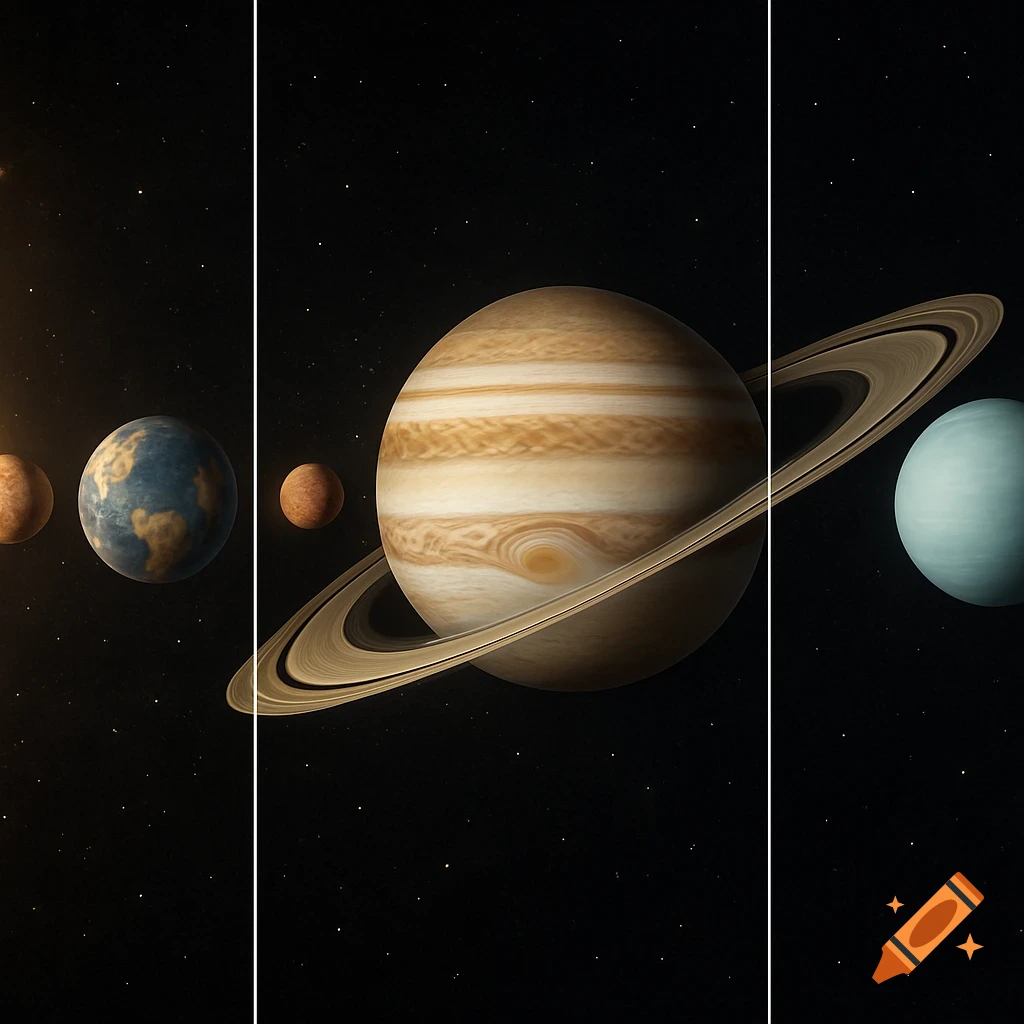 Earth, Jupiter, Saturn with rings, and Uranus aligned in space with stars, presented across three vertical panels.