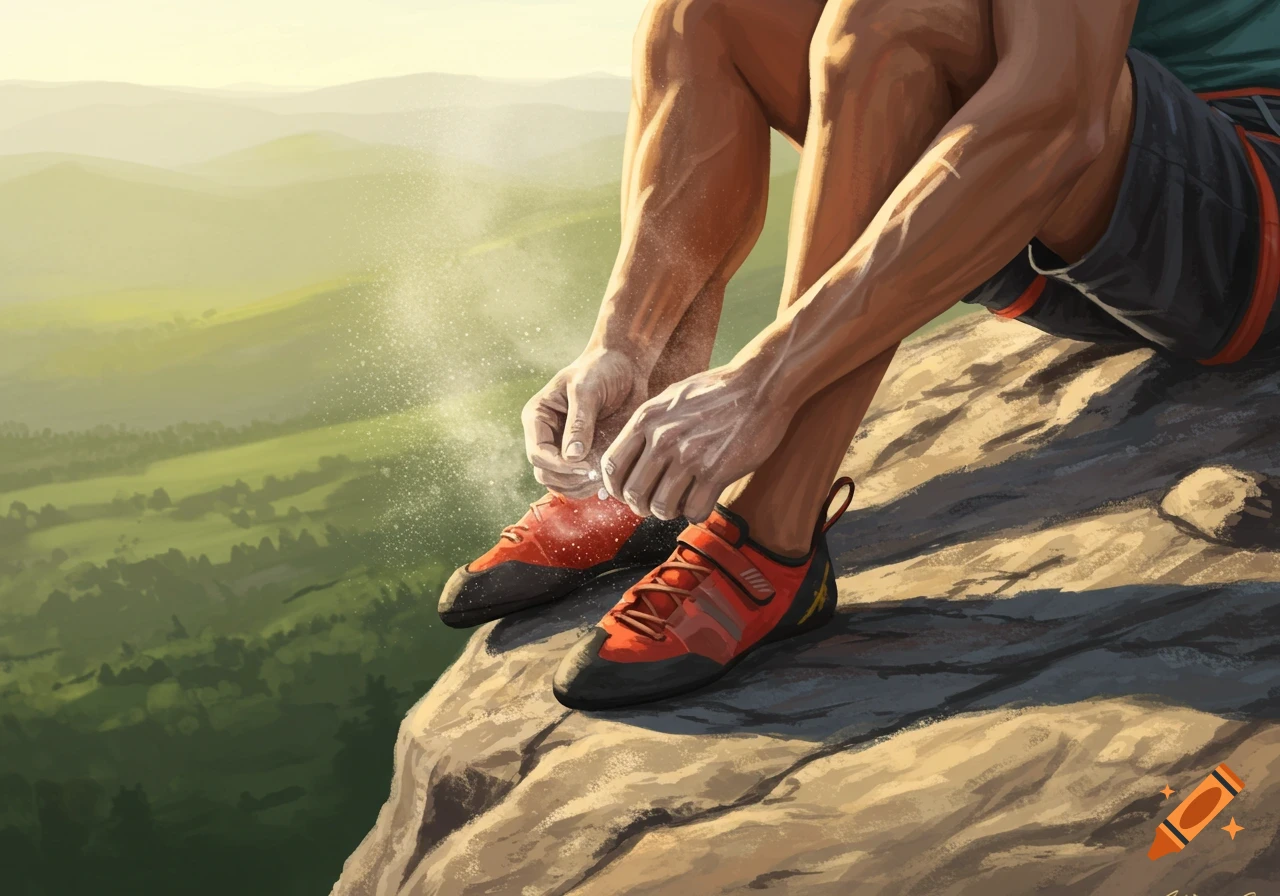 A person sits on a rocky mountain ledge, putting on red and black climbing shoes, with chalk dust rising from their hands, overlooking a vast green valley under a sunny sky.