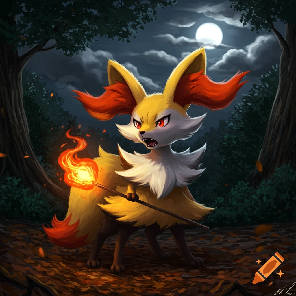 A fiery fox-like Pokemon, Braixen, growls holding a flaming stick in a dark, moonlit forest, digital art.