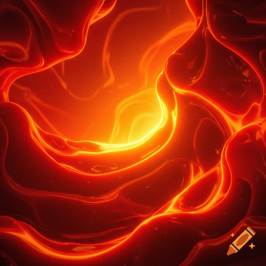 A digital abstract painting with glowing red and gold organic textures and an ethereal light.