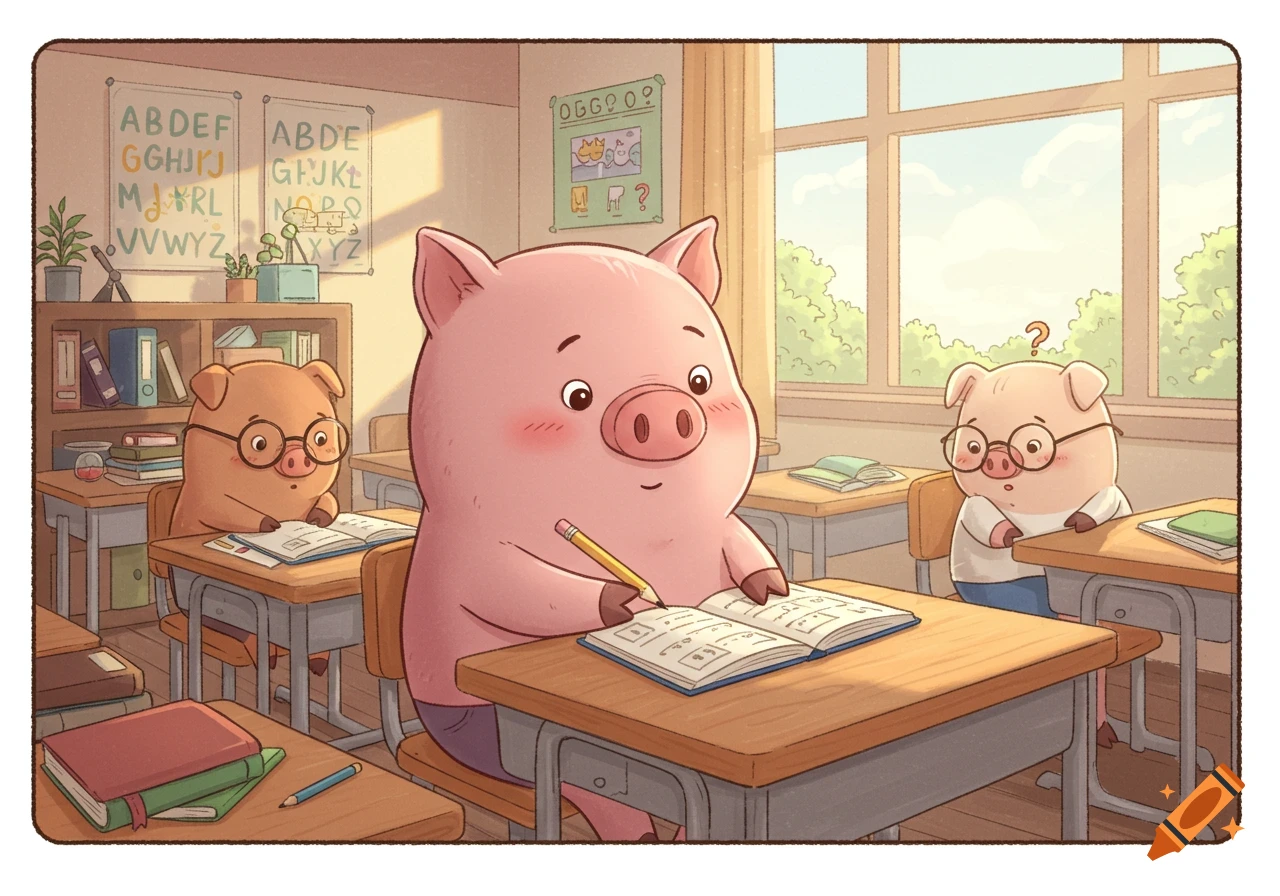 A pink piglet studies at a desk in a comic-style classroom, flanked by two other piglet students in an English class.