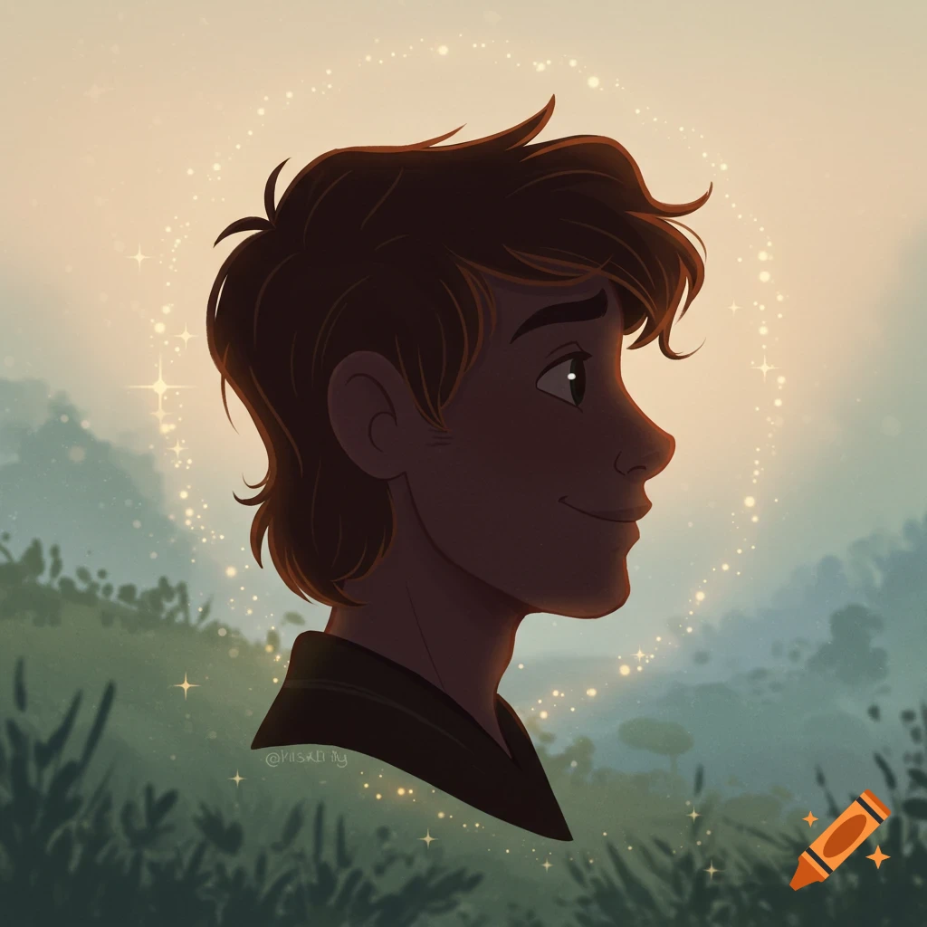 Disney-style silhouette drawing of a young man with brown hair, looking right, against a glowing, sparkling background of green hills and a light sky.