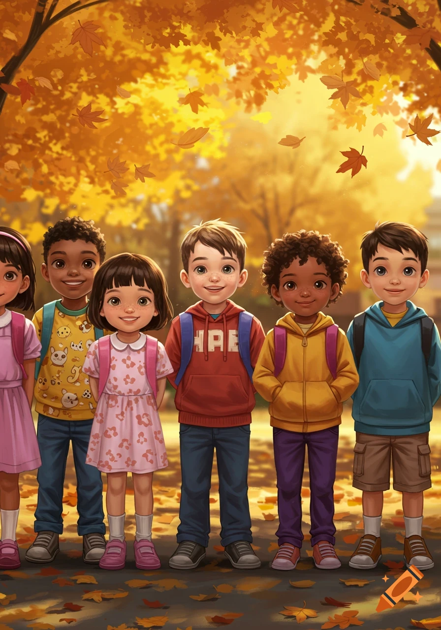 A diverse group of elementary school children with backpacks standing in an autumn park, cartoon illustration.