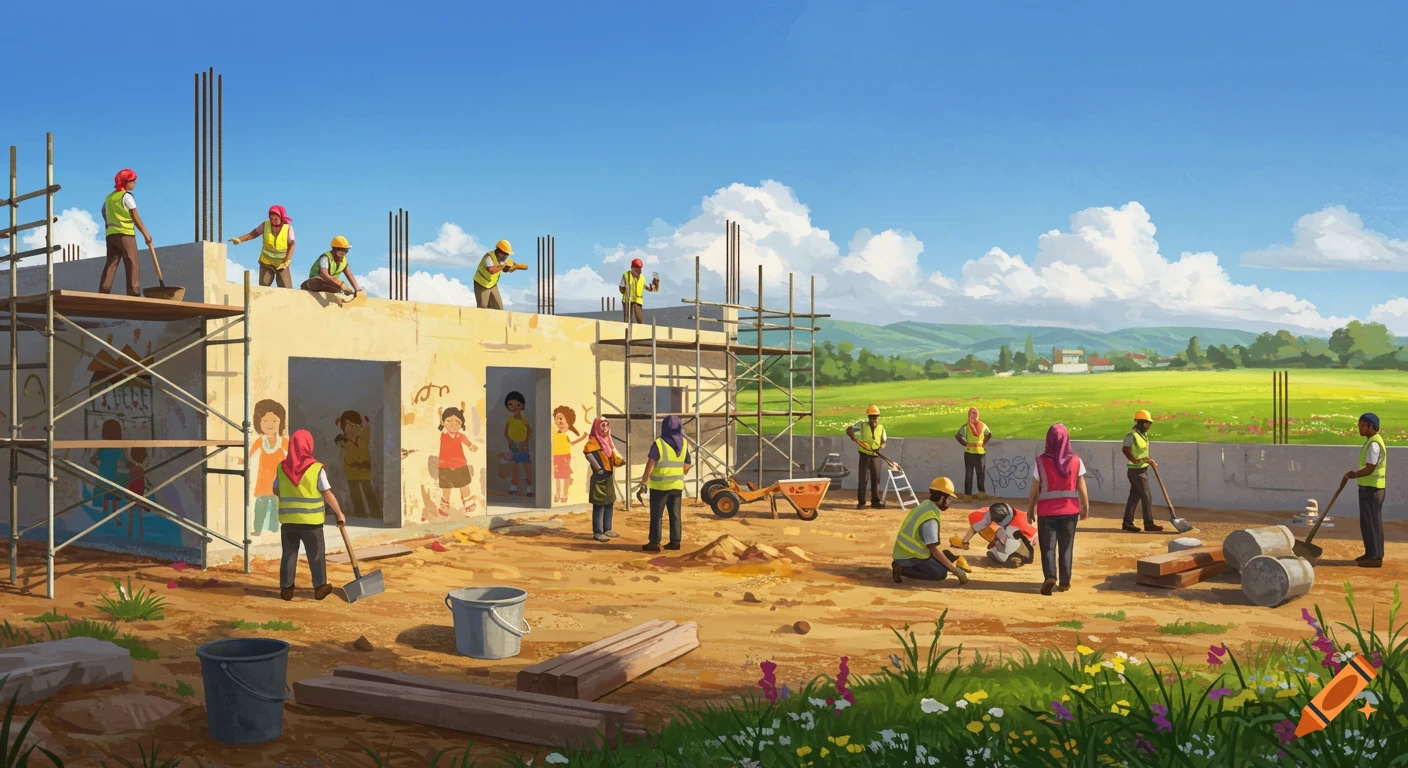 Illustrative scene of construction workers building a school with scaffolding under a clear sky, surrounded by green fields.