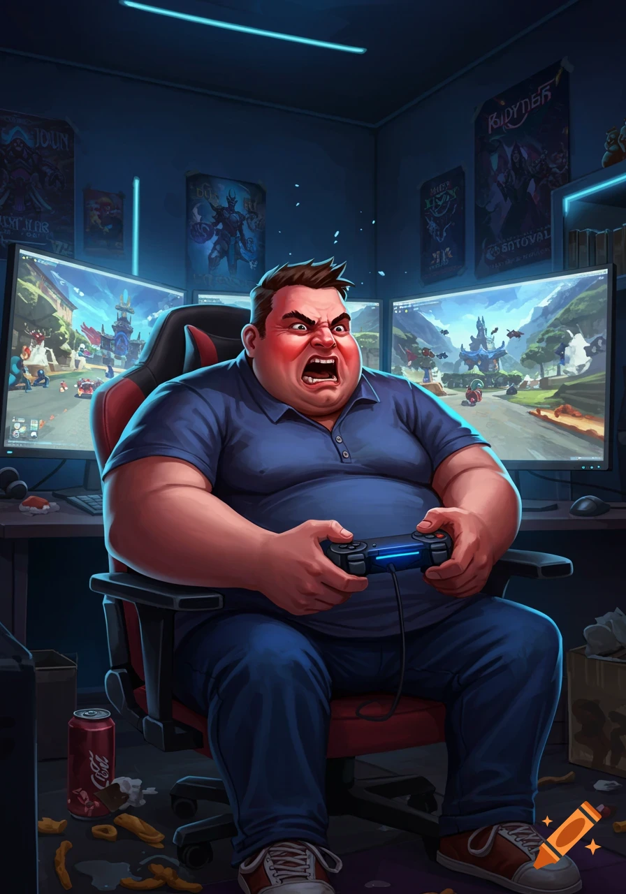 An angry, heavy-set man in a blue polo shirt plays a video game on multiple monitors in a dark room, holding a controller. The floor is messy with snacks and a soda can.