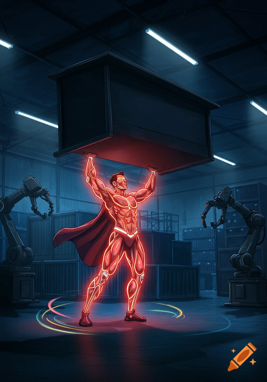 Comic art of a glowing red superhero in a warehouse, lifting a desk with robotic arms in the background.