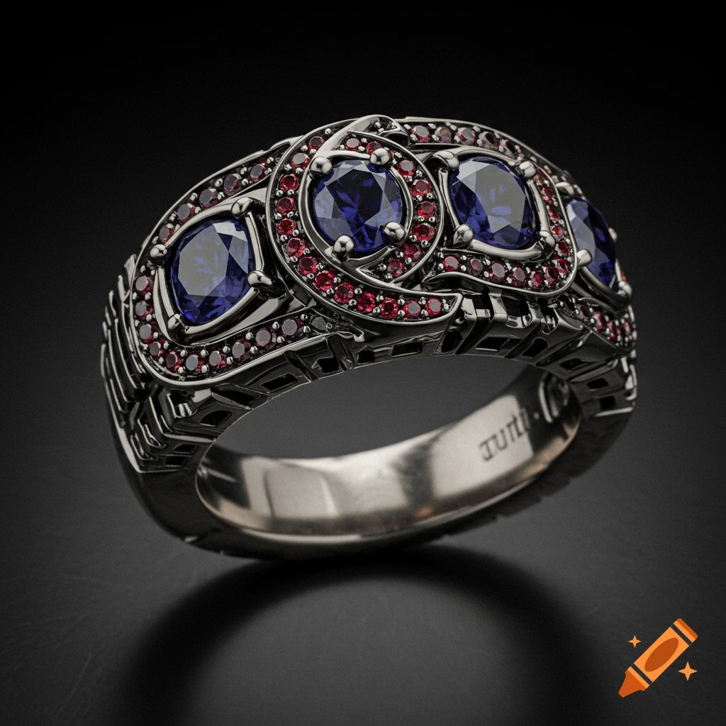 An ornate dark metal ring featuring large blue gemstones surrounded by smaller red gemstones on a black background.