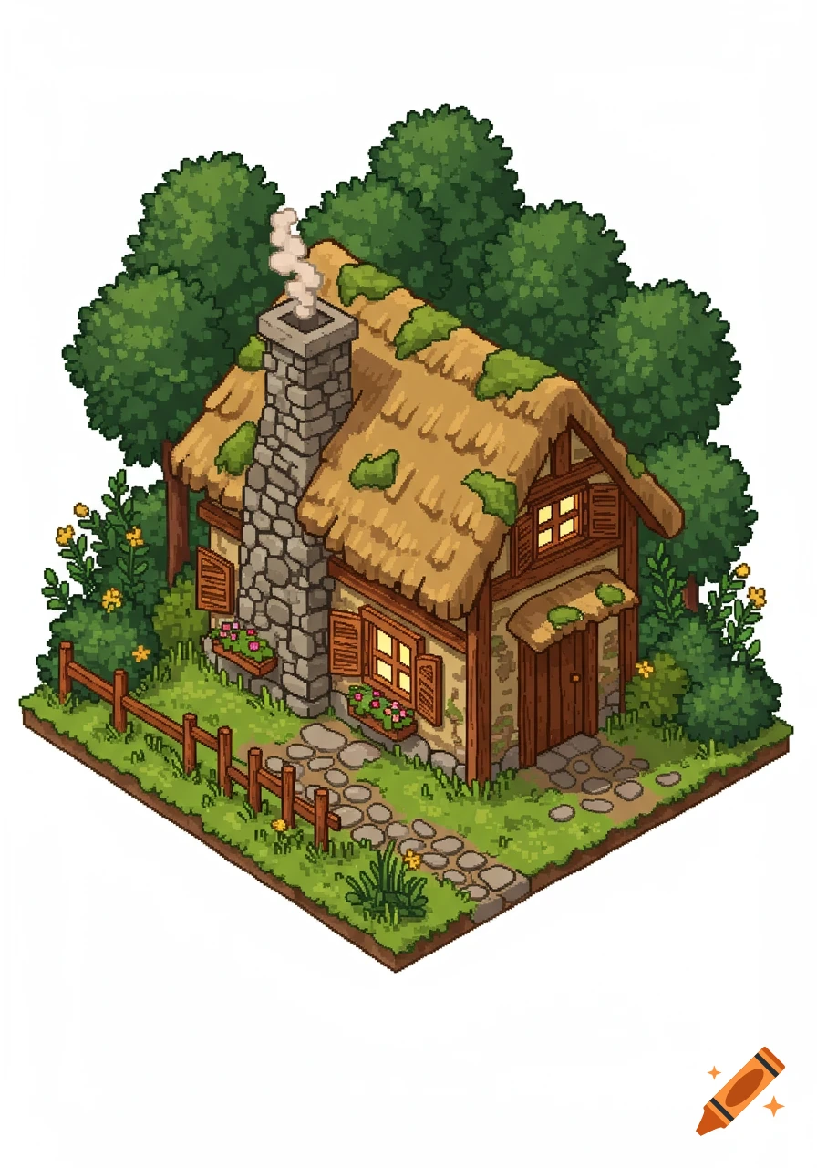 A charming pixel art isometric cottage with a thatched roof, stone chimney with smoke, surrounded by green trees and a small fence, on a white background.