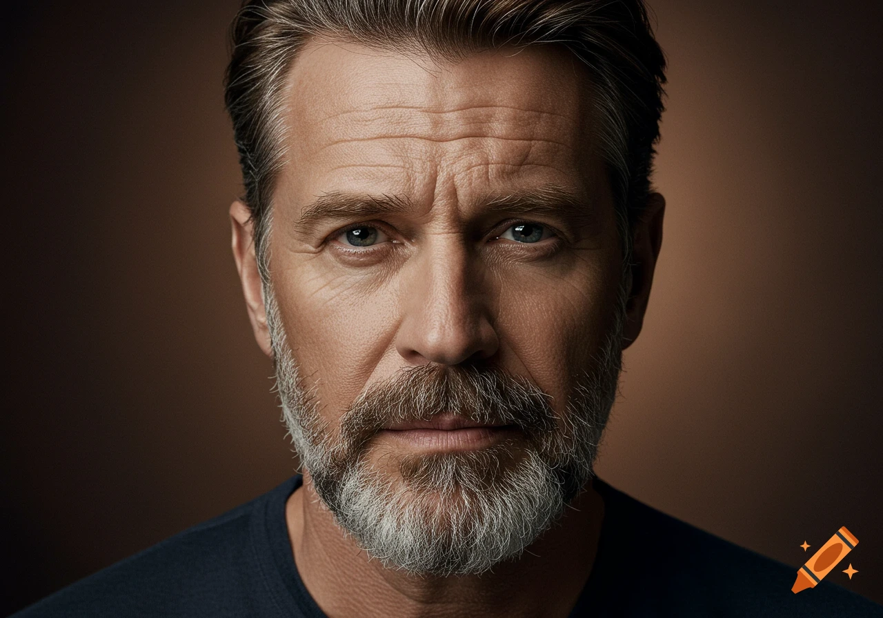 Photorealistic close-up portrait of a grizzled, middle-aged man with a graying beard and blue eyes, looking directly at the viewer.