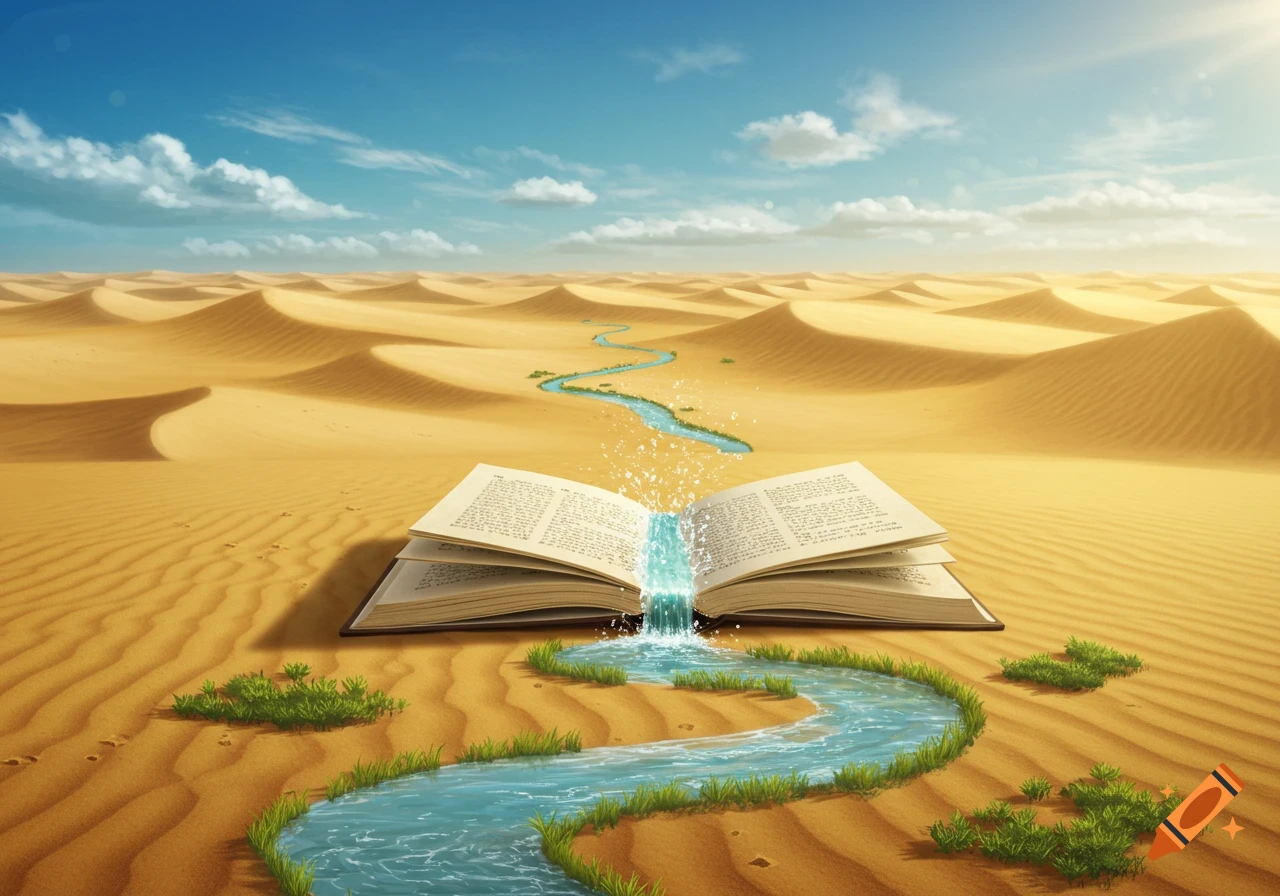 An open book on desert sand, with water flowing from its pages, forming a winding river through the dunes under a bright blue sky.