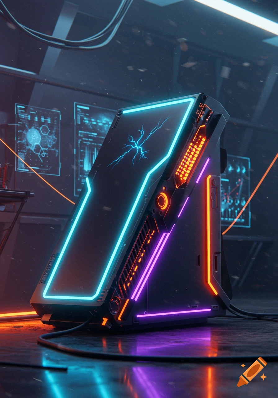A sleek, black, futuristic gaming console with vibrant blue, purple, and orange neon lights in a dark, high-tech lab setting.