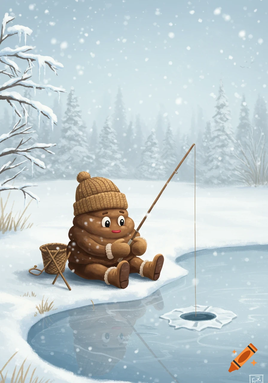 A cute cartoon poop character wearing winter clothes sits on a snowy bank ice fishing in a snowy forest scene.