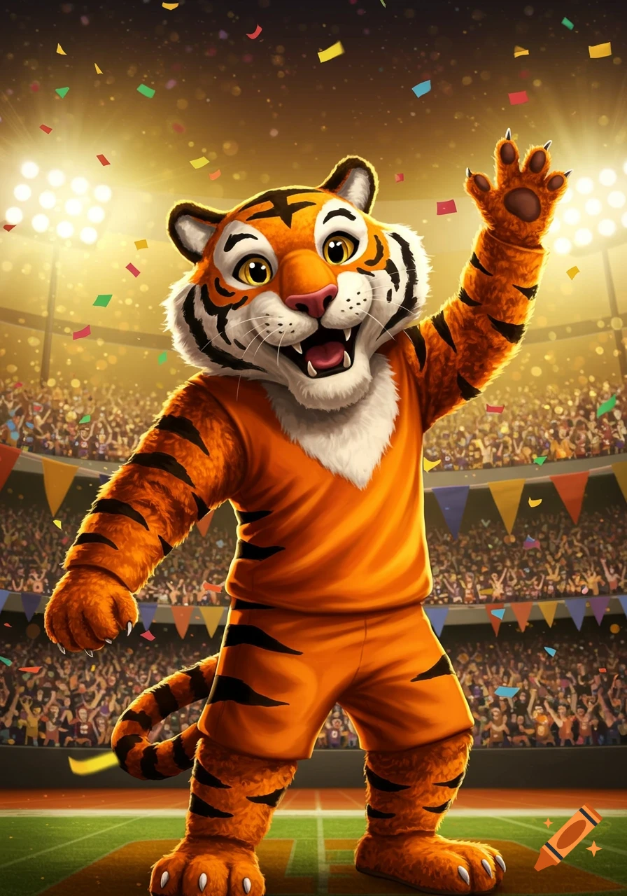 A happy cartoon tiger mascot in an orange uniform waves a paw in a brightly lit stadium full of cheering fans and confetti.