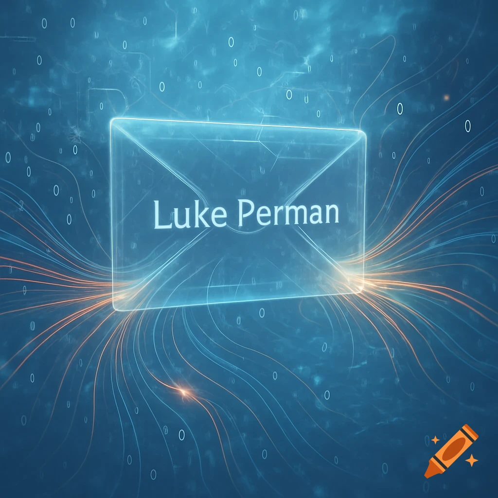 A glowing blue digital envelope with 'Luke Perman' written on it, surrounded by flowing data streams and binary code on a dark blue background.