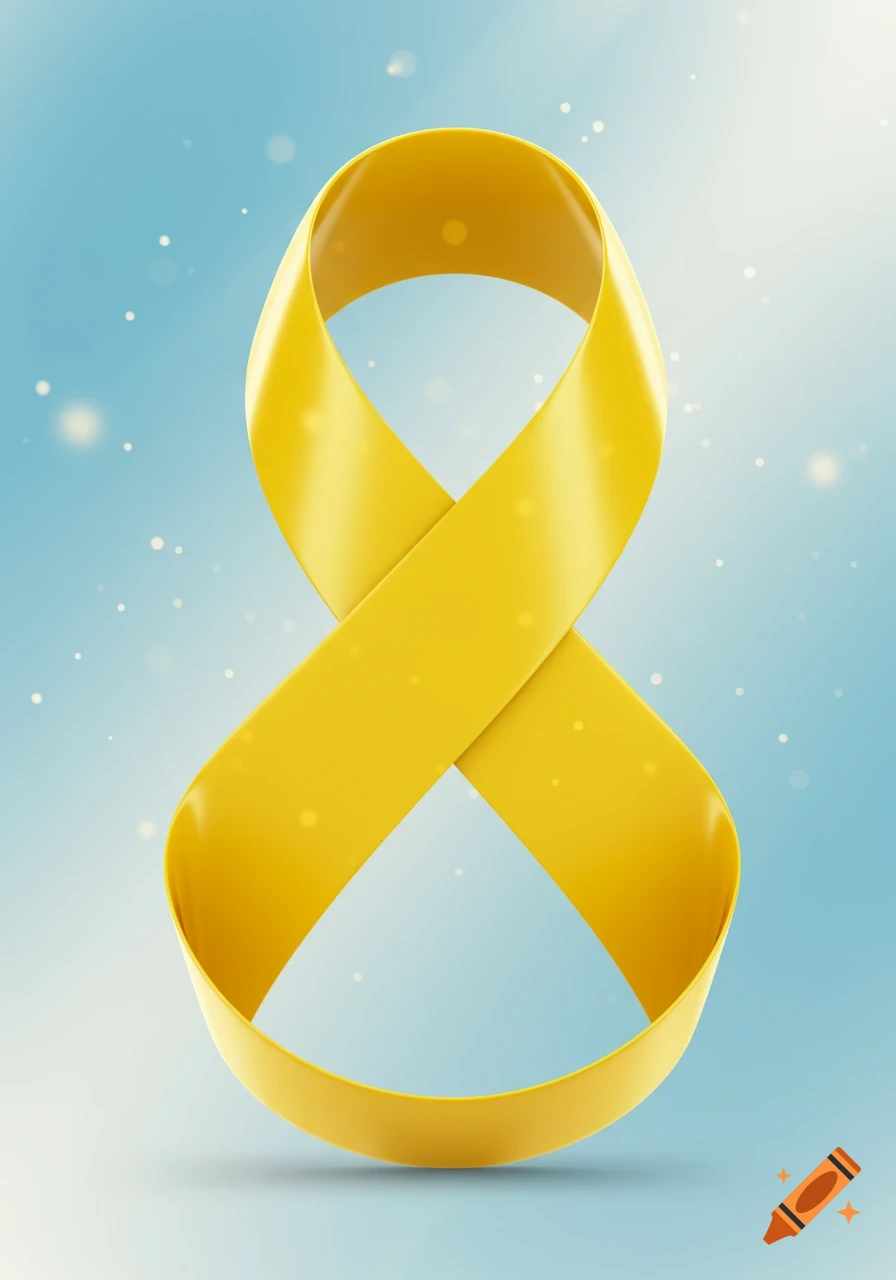 A glossy yellow ribbon is twisted into the shape of the number eight, set against a soft blue background with subtle light specks.