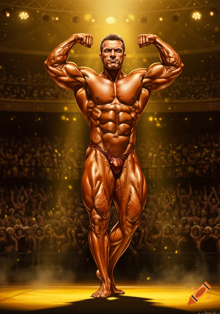 A muscular male bodybuilder poses on a brightly lit stage in front of a cheering crowd, highly detailed and photorealistic.