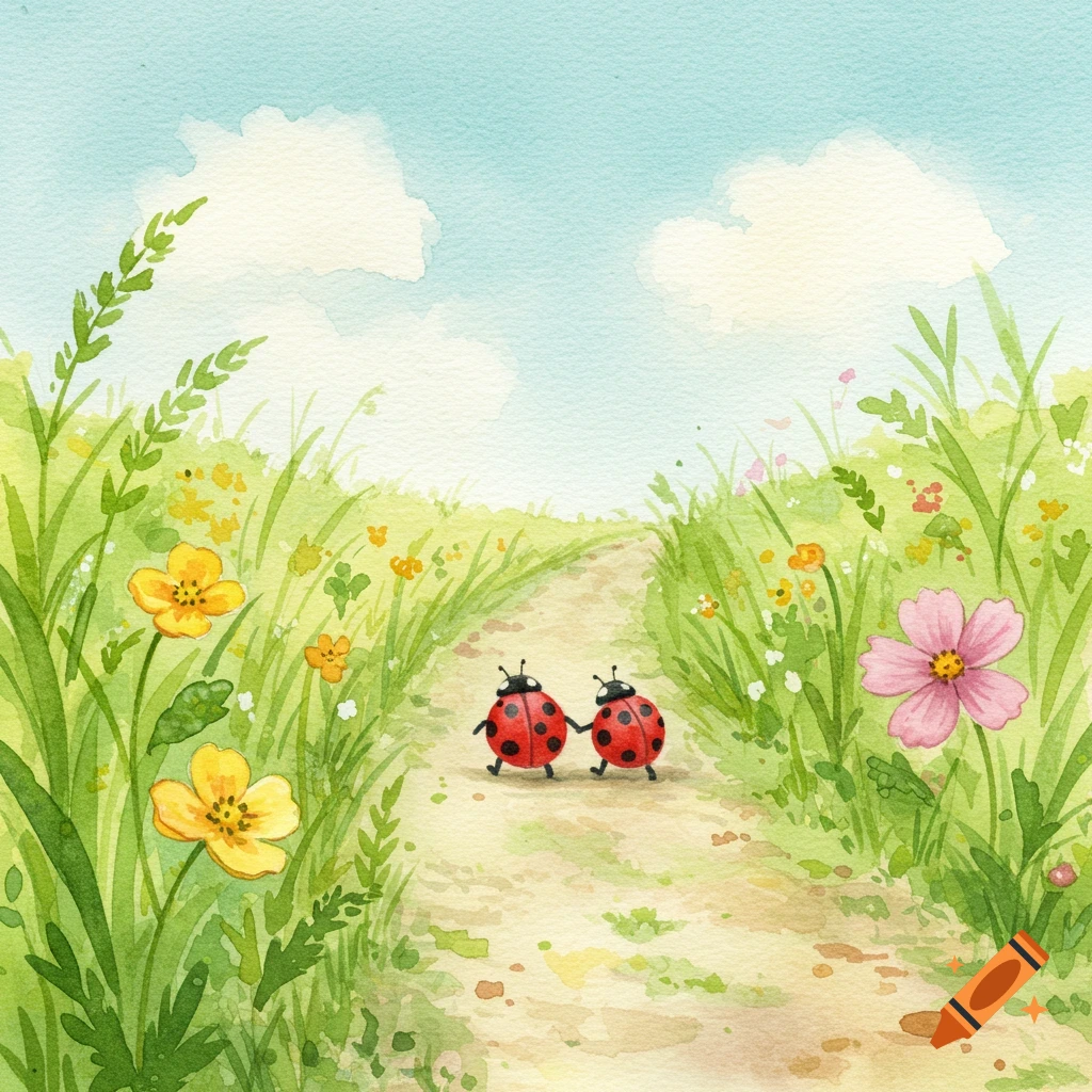 Watercolor illustration of two ladybugs walking hand-in-hand on a path in a grassy meadow with flowers.