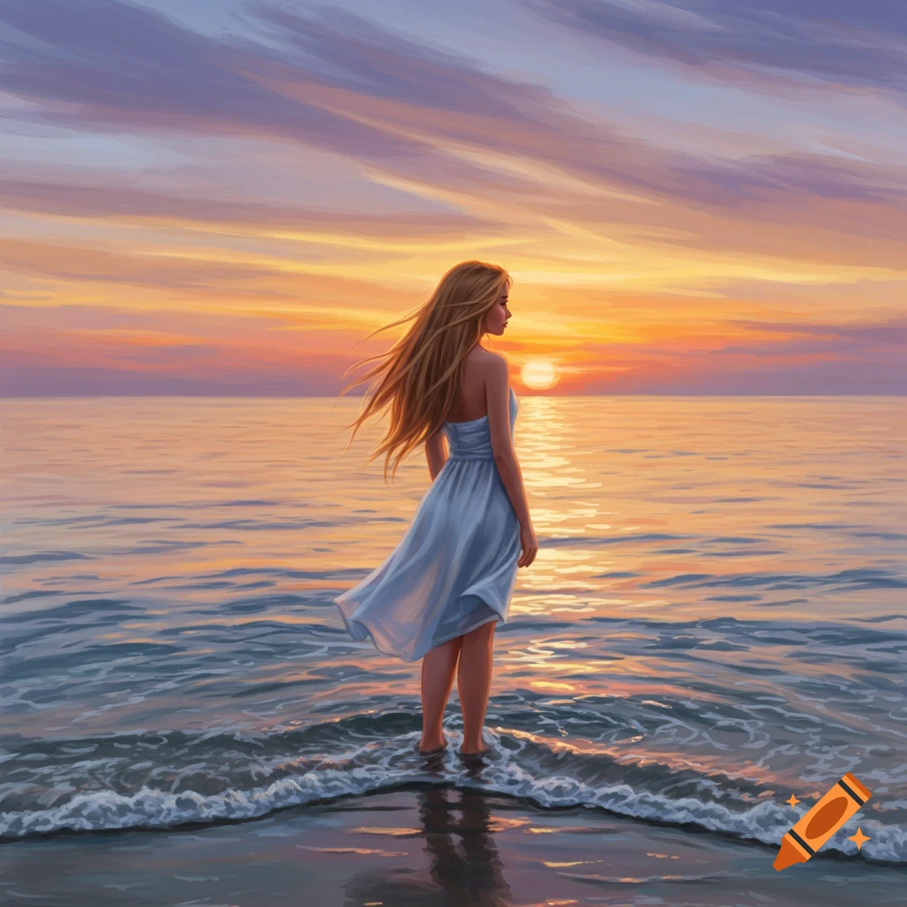 A woman in a light dress stands in the shallow ocean water, observing a colorful sunset over the horizon in a painting.